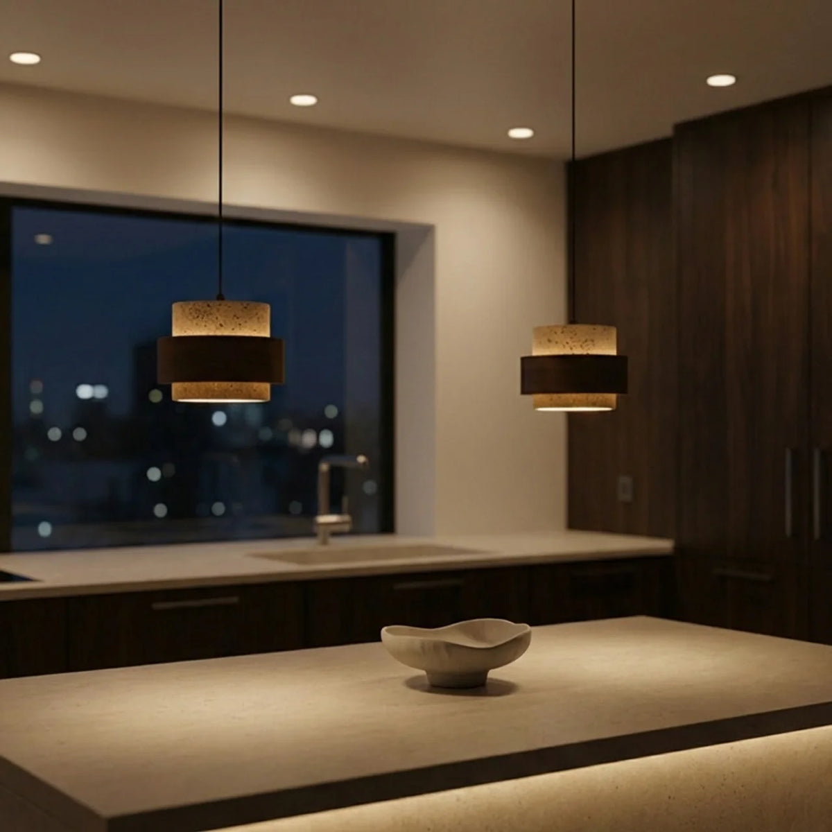 Travertine Pendant Light with Walnut Wood Accent