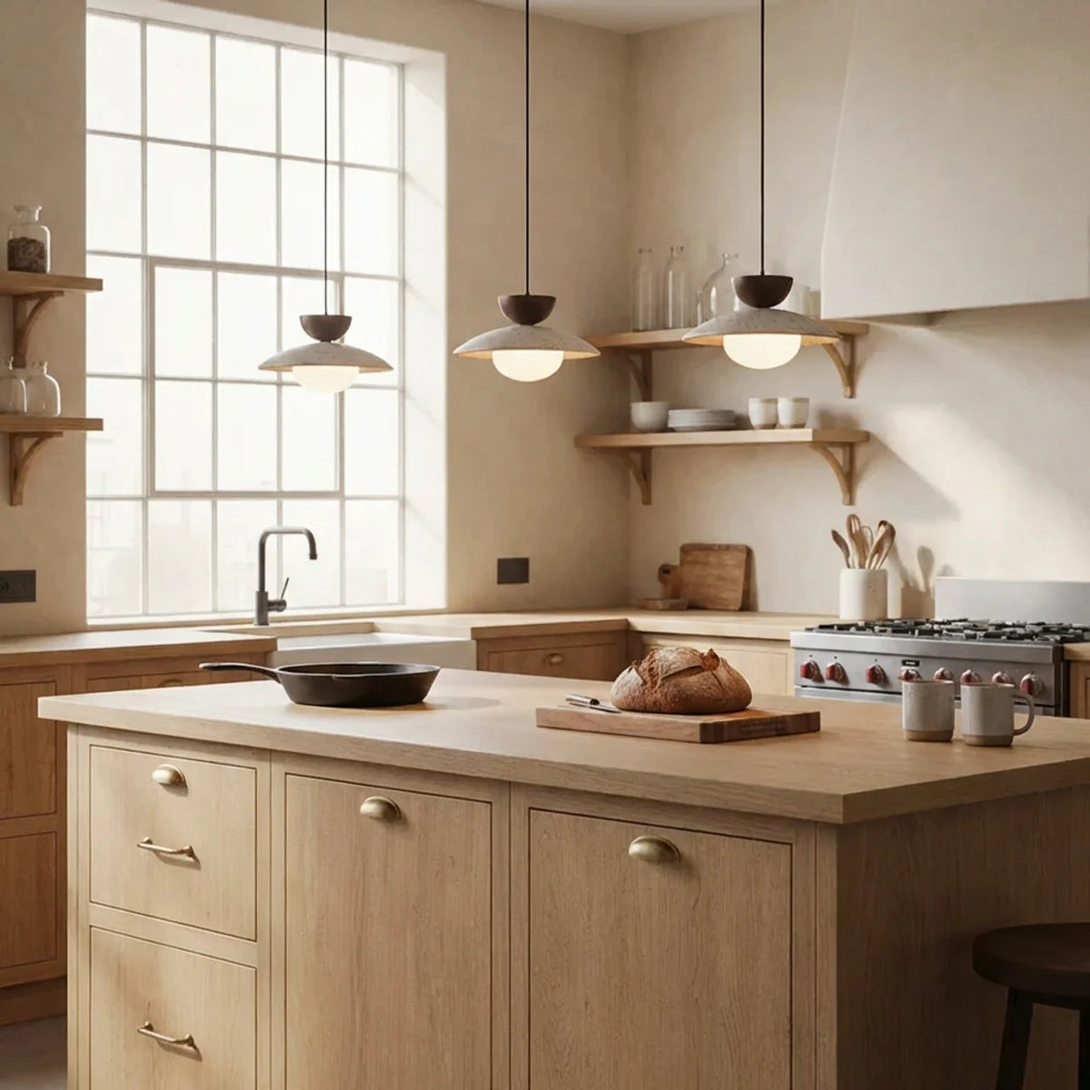 Travertine and Glass Pendant Light with Wood Accent