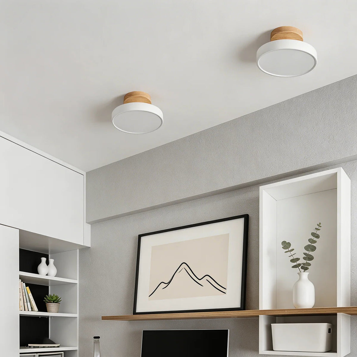 Semi Flush Mount Ceiling Light Wood Round LED Design