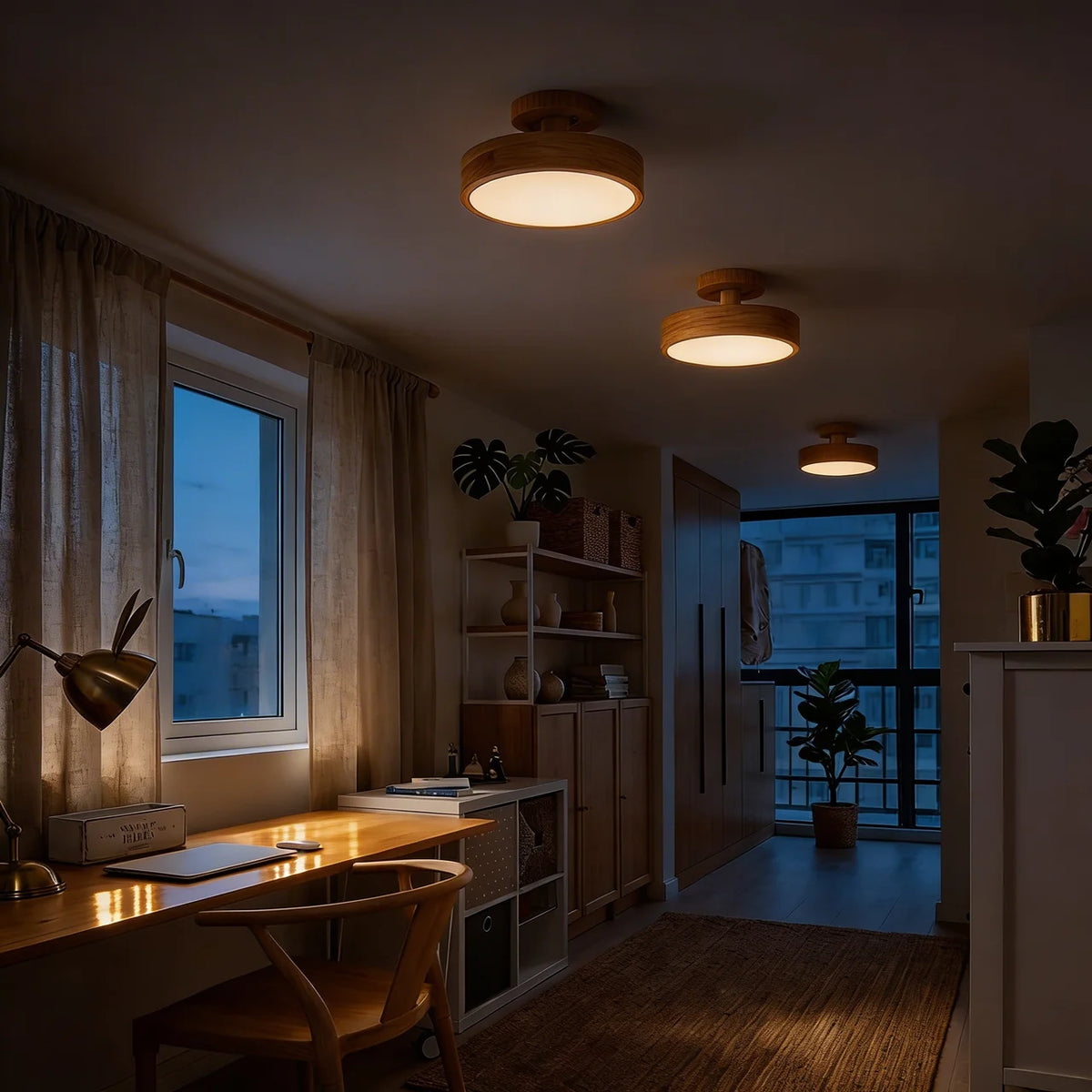 Semi Flush Mount Ceiling Light Wood Round LED Design