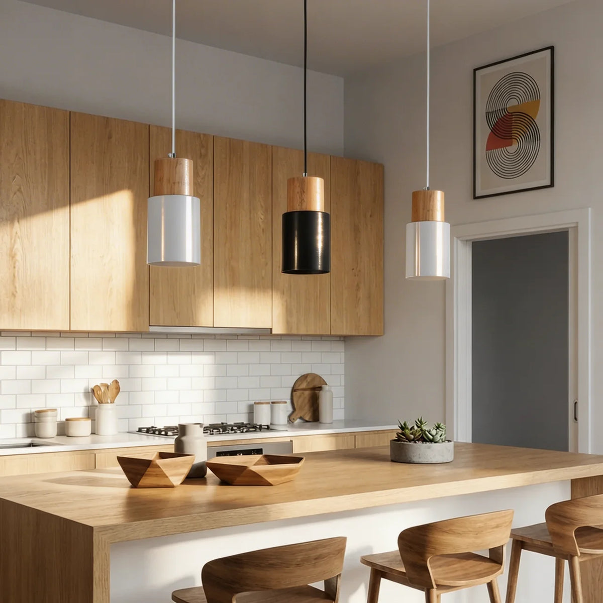 Pendant Light Cylinder Aluminium with Wood Detail