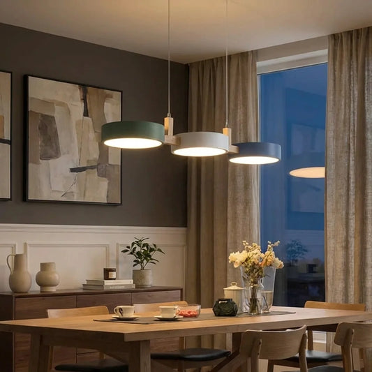 Linear Pendant Light Metal Drum Shades with Wood Beam