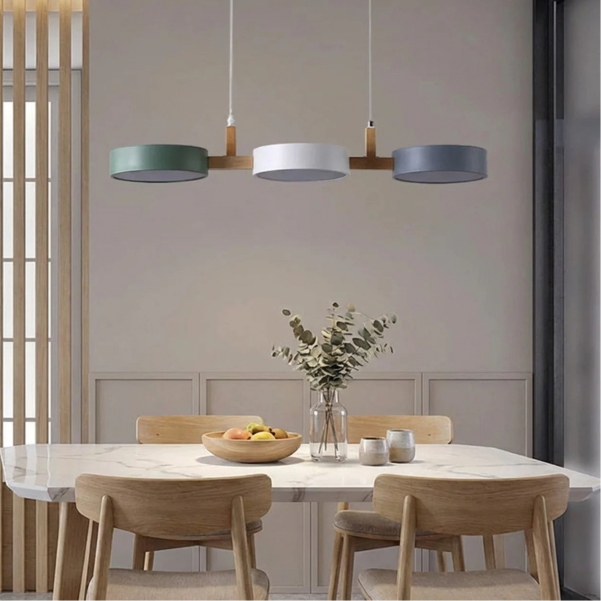 Linear Pendant Light Metal Drum Shades with Wood Beam