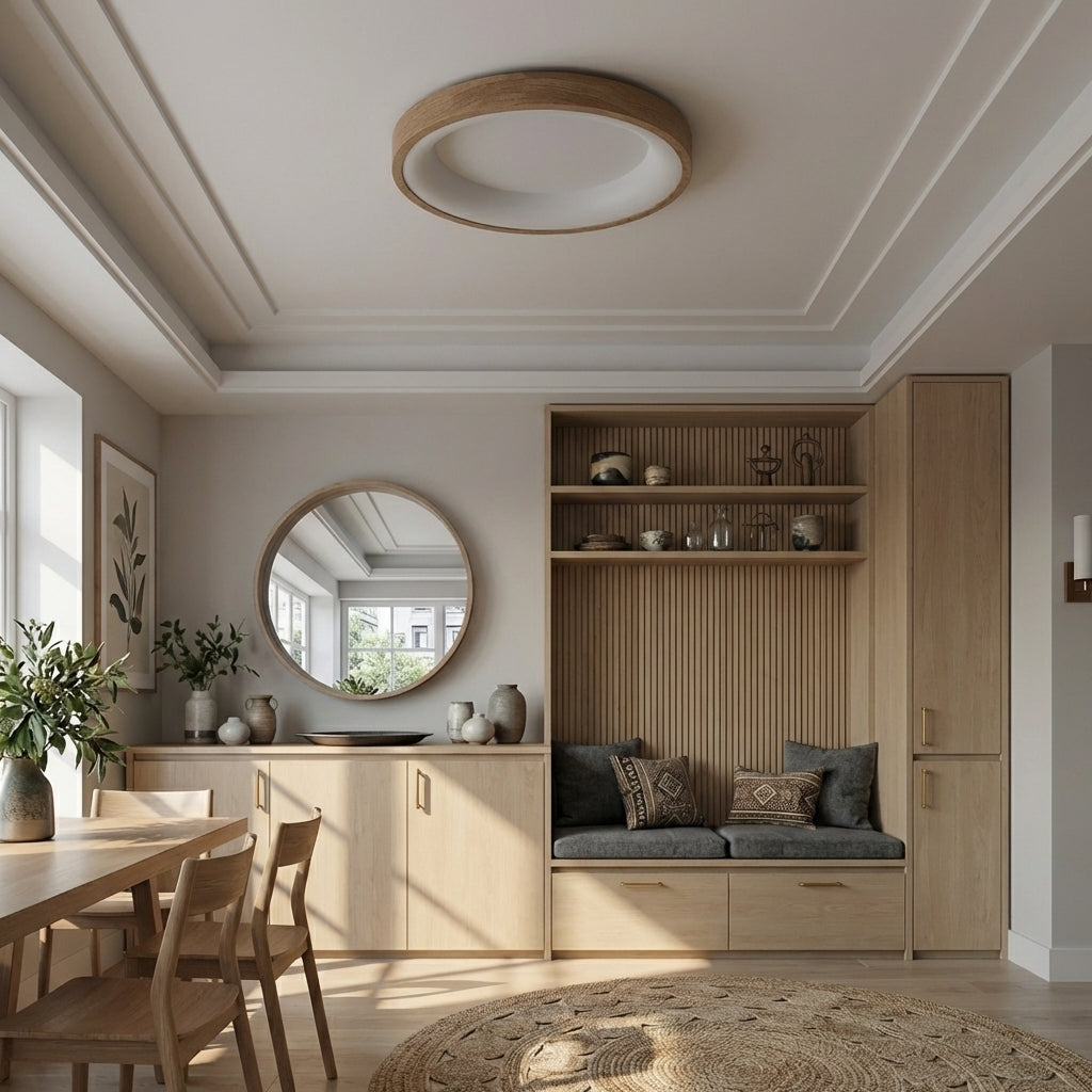 Flush Mount Ceiling Light Round LED with Natural Wood