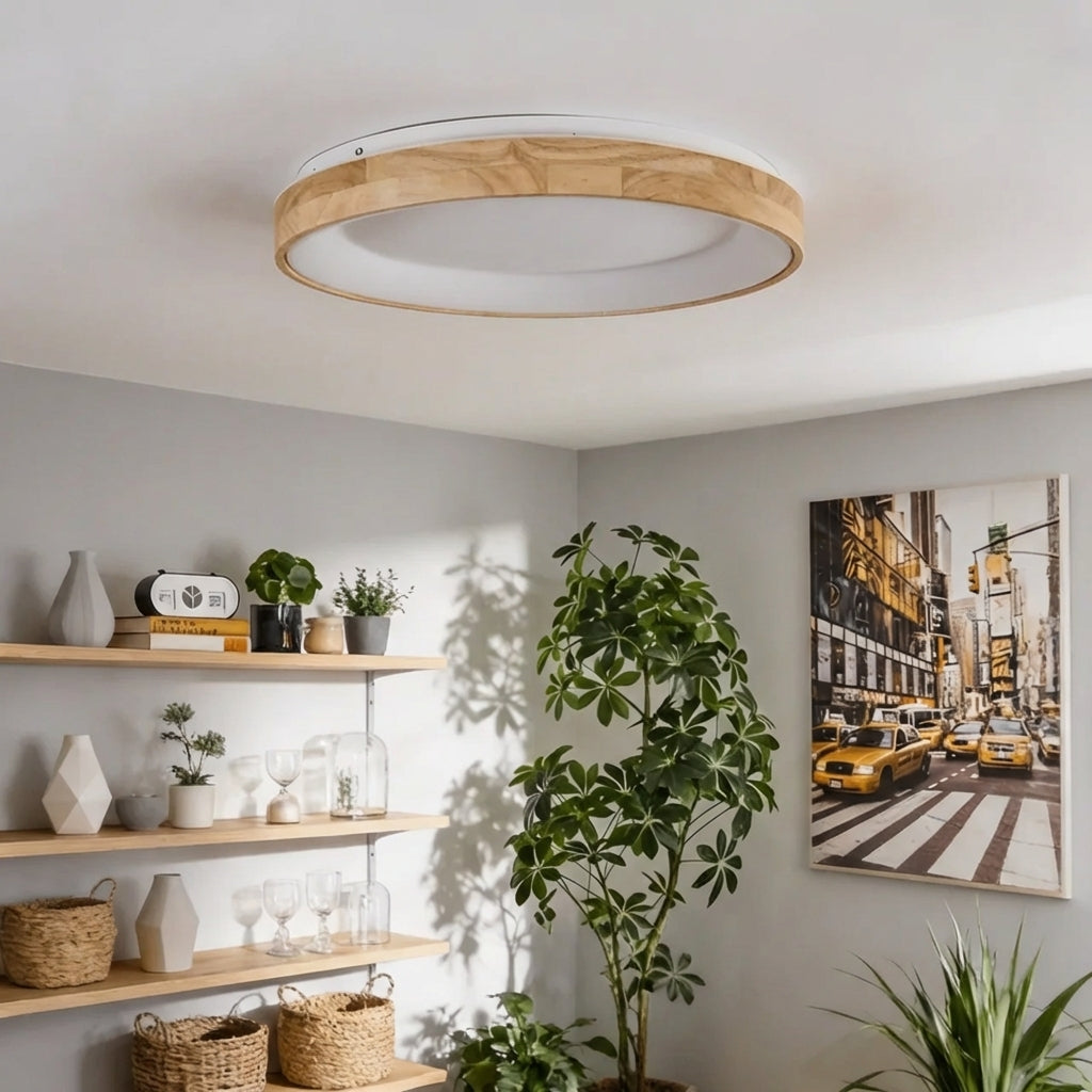 Flush Mount Ceiling Light Round LED with Natural Wood